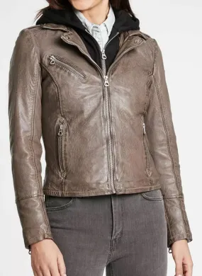 Graue Damen-Lederjacke mit Kapuze &quot;14565&quot;