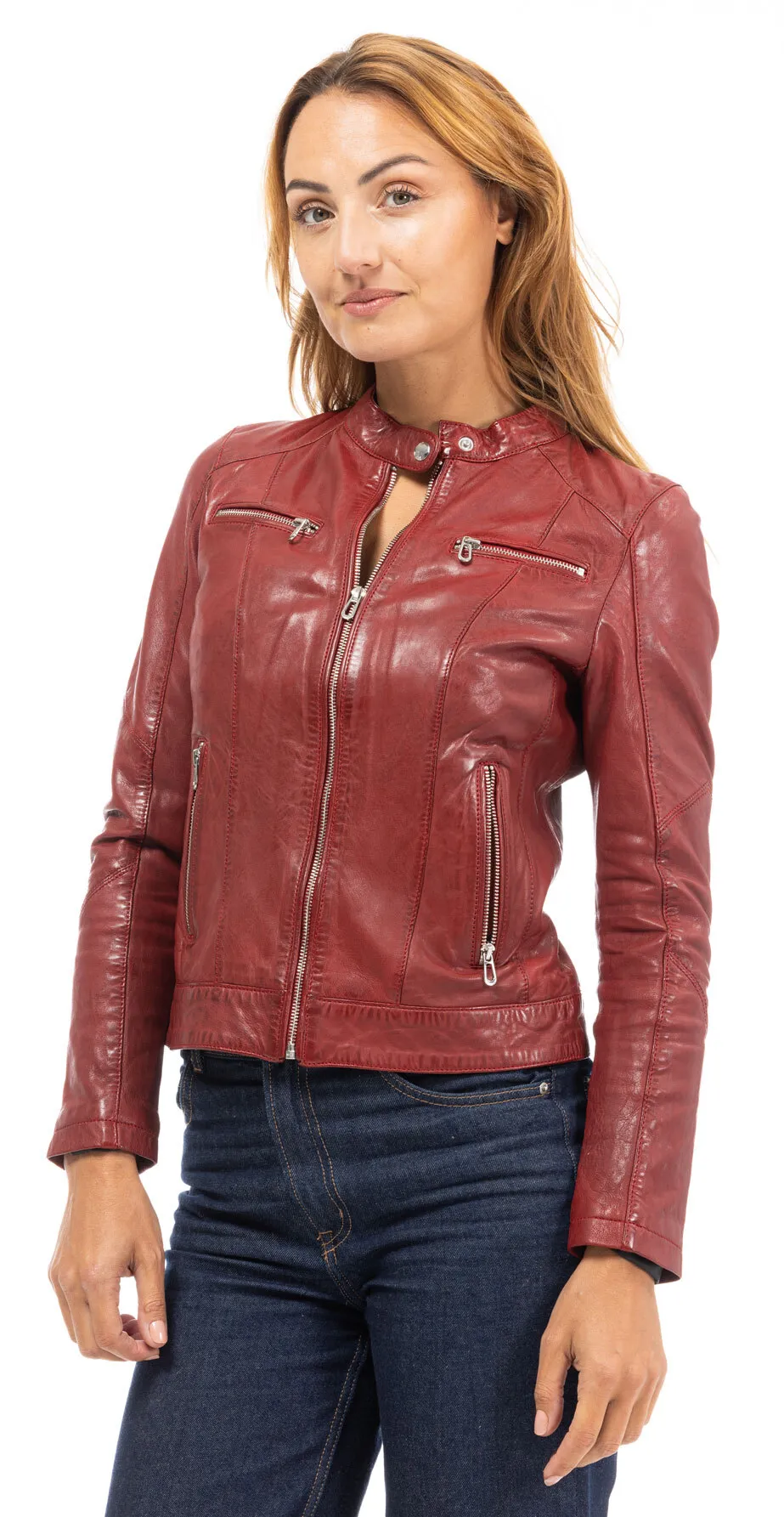 Rote Chili-Lederjacke fur Damen im Biker-Stil &bdquo;102581&ldquo;